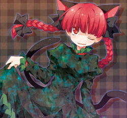 Rule 34 | 1girl, animal ears, bow, braid, cat ears, cat girl, fang, female focus, hair bow, hime takeo, kaenbyou rin, long hair, long sleeves, open mouth, puffy sleeves, red eyes, red hair, slit pupils, smile, solo, takeoo, touhou, twin braids, wink