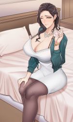 Rule 34 | 1girl, bed, bed sheet, bedroom, breasts, condom, executive mishiro, highres, holding, holding condom, idolmaster, idolmaster cinderella girls, manna (pixiv8805037), on bed, pillow, room, sitting, solo