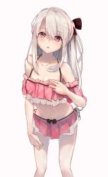 Rule 34 | 1girl, absurdres, bare arms, bare shoulders, bent over, bikini, black bow, blush, bow, breasts, collarbone, commentary request, fate/kaleid liner prisma illya, fate (series), hair between eyes, hair bow, hair ornament, highres, illyasviel von einzbern, long hair, looking at viewer, one side up, open mouth, pink bikini, red eyes, simple background, small breasts, solo, swimsuit, wata0933, white background, white hair
