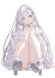 Rule 34 | 1girl, :o, ass, black footwear, bobby socks, breasts, brooch, choker, cleavage, collarbone, commentary, dress, eyelashes, frilled dress, frills, hair intakes, hand on own knee, high heels, jewelry, knees up, long hair, looking at viewer, matsuha shuu, open mouth, panties, pantyshot, ribbon, ribbon choker, simple background, sitting, small breasts, socks, solo, swept bangs, thighs, underwear, very long hair, white background, white dress, white hair, white panties, white ribbon, white socks, white theme