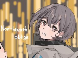 Rule 34 | 1girl, bang dream!, bang dream! it&#039;s mygo!!!!!, blurry, blurry background, brown eyes, clenched teeth, commentary request, english text, floating hair, grey hair, grey jacket, hair between eyes, highres, jacket, looking at viewer, nanami (nunnun 0410), non-breath oblige (vocaloid), short hair, solo, song name, takamatsu tomori, teeth, upper body