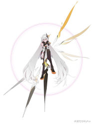 Rule 34 | 1girl, bare shoulders, black footwear, boots, crossed legs, crossover, floating, floating object, floating weapon, full body, hair between eyes, hair ornament, honkai (series), honkai impact 3rd, kiana kaslana, kiana kaslana (herrscher of the void), lilyfox, long hair, looking at viewer, polearm, simple background, single wing, solo, spear, thigh boots, thighhighs, weapon, white background, wings