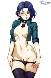 Rule 34 | 1girl, areola slip, artist name, bare shoulders, belt, black panties, blue hair, breasts, choker, cleavage, collarbone, curvy, dated, female focus, female pubic hair, fire emblem, fire emblem: three houses, green jacket, hair behind ear, hair between eyes, hand on own hip, jacket, large breasts, looking at viewer, medium breasts, mina cream, navel, nintendo, nipple slip, nipples, open clothes, open jacket, panties, pants, partially undressed, pubic hair, pulled by self, purple eyes, shamir nevrand, short hair, simple background, solo, stomach, thighhighs, thighs, underwear, white background