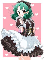 Rule 34 | 1girl, apron, black bow, black bowtie, black corset, black dress, black ribbon, blush, border, bow, bowtie, breasts, brown eyes, corset, cowboy shot, curly hair, dot nose, dress, frilled apron, frilled dress, frills, funxy k, green hair, hair bow, hair ribbon, hand up, heart, heart background, highres, idolmaster, idolmaster million live!, idolmaster million live! theater days, index finger raised, looking at viewer, medium breasts, medium hair, open mouth, outside border, parted bangs, pink background, ribbon, scrunchie, short sleeves, signature, solo, speech bubble, standing, striped bow, striped bowtie, striped clothes, striped ribbon, tokugawa matsuri, underbust, white apron, white border, white scrunchie, wrist scrunchie