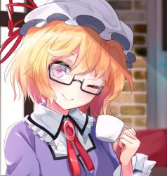 Rule 34 | 1girl, ;), black-framed eyewear, blonde hair, blurry, blush, brooch, closed mouth, cup, day, depth of field, frilled shirt collar, frilled sleeves, frills, glasses, hat, hat ribbon, holding, holding cup, igayan, jewelry, long sleeves, maribel hearn, mob cap, neck ribbon, one eye closed, purple eyes, red ribbon, ribbon, semi-rimless eyewear, smile, solo, sunlight, teacup, touhou, under-rim eyewear, upper body