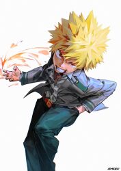 Rule 34 | 1boy, absurdres, artist name, atmosgear, bakugou katsuki, belt, belt buckle, blazer, blonde hair, blurry, boku no hero academia, buckle, chromatic aberration, collared shirt, commentary, cowboy shot, depth of field, dimple, double horizontal stripe, dress shirt, dutch angle, energy, film grain, floating clothes, furrowed brow, green pants, grey jacket, grin, hair between eyes, hand in pocket, hand up, highres, jacket, lapels, leaning forward, long sleeves, looking at viewer, male focus, necktie, notched lapels, open clothes, open collar, open jacket, pants, red belt, red eyes, red necktie, sanpaku, school uniform, shirt, short hair, sidelighting, simple background, smile, solo, spiked hair, swirl, teeth, u.a. school uniform, uneven eyes, v-shaped eyebrows, white background, white shirt, wing collar