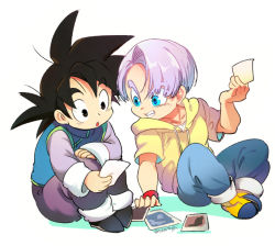Rule 34 | 2boys, :o, arm support, black eyes, black footwear, black hair, blue eyes, child, chinese clothes, clenched teeth, collarbone, curious, denim, dragon ball, dragon ball super, facing viewer, full body, grin, hand on own knee, hand up, holding, holding photo, hood, hood down, hoodie, jeans, knees apart feet together, knees to chest, leaning, leaning to the side, long sleeves, looking down, male focus, multiple boys, ommmyoh, open mouth, pants, photo (object), purple hair, shaded face, shadow, side-by-side, simple background, sitting, smile, son goten, spiked hair, teeth, trunks (dragon ball), twitter username, white background, wide-eyed, wristband, yellow footwear, yellow hoodie