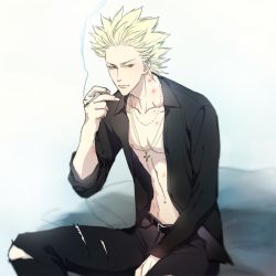 Rule 34 | 1boy, belt, belt buckle, bite mark, black pants, black shirt, blonde hair, buckle, cigarette, cross, cross necklace, expressionless, holding, holding cigarette, jewelry, male focus, navel, necklace, one outs, open clothes, open shirt, pants, shirt, sic77, sitting, smoke, solo, spiked hair, tokuchi toua, torn clothes, torn pants