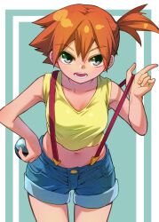 Rule 34 | 1girl, asymmetrical hair, belt loop, breasts, clothes pull, collarbone, creatures (company), denim, denim shorts, dive ball, eyelashes, female focus, game freak, gen 1 pokemon, green eyes, gym leader, hair between eyes, hair tie, hand on own hip, hand up, highres, holding, holding poke ball, legs, looking at viewer, midriff, misty (pokemon), navel, nintendo, open mouth, orange hair, poke ball, pokemon, pokemon (anime), pokemon (classic anime), ponytail, shirt, shoes, short hair, short shorts, shorts, side ponytail, small breasts, smile, solo, standing, suspenders, suspenders pull, tank top, teeth, thighs, wide hips, yellow shirt, yellow tank top, yoshikage (yo4kage)