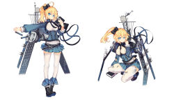 Rule 34 | 1girl, ahoge, belt, belt skirt, black ribbon, blonde hair, blue eyes, blue skirt, bogue (warship girls r), book, boots, breasts, female focus, hair ribbon, hand up, holding, holding book, long sleeves, looking at viewer, looking away, military, military uniform, multiple views, official art, outstretched arm, parted lips, pleated skirt, rain lan, ribbon, rigging, runway, side ponytail, simple background, skirt, smile, squatting, standing, thighhighs, torn clothes, torn legwear, uniform, warship girls r, white background, white thighhighs, zettai ryouiki