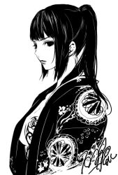 Rule 34 | 1girl, bad id, bad pixiv id, black eyes, black hair, breasts, cleavage, closed mouth, ishizue kachiru, japanese clothes, kimono, large breasts, looking at viewer, monochrome, original, signature, simple background, solo, upper body, white background