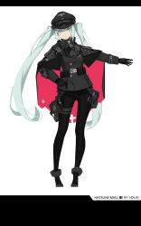 Rule 34 | 1girl, aqua eyes, aqua hair, artist name, belt, belt buckle, belt pouch, black gloves, black pants, boots, buckle, cape, character name, gloves, hat, hatsune miku, highres, holstered, jiaoshouxingfa, letterboxed, long hair, military, military uniform, outstretched arm, pants, peaked cap, pouch, reichsadler, respirator, simple background, solo, standing, twintails, uniform, vocaloid
