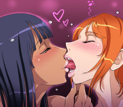 Rule 34 | 2girls, blush, drooling, eye contact, closed eyes, free style, hand on another&#039;s chin, kiss, licking lips, lips, lipstick, looking at another, makeup, multiple girls, nail polish, nami (one piece), naughty face, nico robin, one piece, orange hair, pink lips, pink lips, purple nails, saliva, short hair, tongue, tongue out, yuri