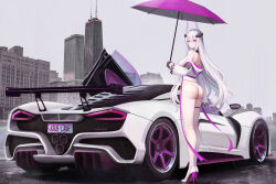 Rule 34 | 1girl, absurdres, ass, azur lane, bare shoulders, breasts, building, car, city, closed mouth, cloud, cloudy sky, commentary, cropped jacket, full body, gloves, hair between eyes, half gloves, high heels, highres, holding, holding umbrella, horns, jacket, kcar66t, kearsarge (azur lane), large breasts, leotard, location request, long hair, looking at viewer, mechanical horns, motor vehicle, off shoulder, outdoors, purple eyes, race queen, rain, real world location, scissor doors, sidelocks, sky, skyscraper, solo, standing, thong leotard, umbrella, vehicle focus, vehicle request, very long hair, white footwear, white hair, white jacket, white leotard