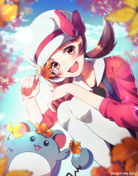Rule 34 | 1girl, :d, amegnco3, artist name, autumn leaves, blue sky, blurry, blurry background, blurry foreground, bow, brown eyes, brown hair, creatures (company), day, game freak, gen 2 pokemon, hat, hat bow, highres, holding, holding leaf, leaf, lens flare, long hair, long sleeves, low twintails, lyra (pokemon), maple leaf, marill, nintendo, open mouth, outdoors, pokemon, pokemon (creature), pokemon hgss, red bow, red shirt, shirt, sky, smile, suspenders, twintails, white headwear, white legwear