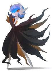 Rule 34 | 1girl, alternate color, artist name, bare shoulders, barefoot, black dress, black gloves, blue hair, bob cut, closed mouth, colored skin, creatures (company), dress, elbow gloves, expressionless, female focus, flat chest, full body, game freak, gardevoir, gen 3 pokemon, gloves, hair over one eye, hand up, legs apart, long dress, looking at viewer, mega gardevoir, mega pokemon, nintendo, one eye covered, own (drawing0412own), pokemon, pokemon (creature), red eyes, shiny pokemon, short hair, signature, simple background, solo, standing, strapless, strapless dress, twitter username, two-sided dress, two-sided fabric, white background, white skin