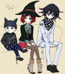Rule 34 | 1girl, 2boys, animal ear headwear, animal ears, arm belt, beanie, belt, belt buckle, black eyes, black footwear, black hat, black jacket, black jumpsuit, black scarf, black sleeves, blue jumpsuit, blunt ends, blush stickers, boots, brown eyes, brown hair, brown vest, buckle, buttons, cat, cat ears, chain, checkered clothes, checkered scarf, closed mouth, coattails, collar, collared jacket, collared shirt, colored tips, commentary request, couch, crest, crossed legs, cuffs, danganronpa (series), danganronpa v3: killing harmony, double-breasted, eyelashes, fake animal ears, food in mouth, footwear ribbon, full body, gem hair ornament, grey collar, grey footwear, grey pantyhose, grey shirt, hair between eyes, hands on lap, hands on own legs, hat, hat belt, height difference, hoshi ryoma, jacket, jumpsuit, leather, leather jacket, light frown, long sleeves, looking at viewer, miniskirt, motion lines, multicolored hair, multiple belts, multiple boys, oma kokichi, on couch, open belt, open clothes, open jacket, pants, pantyhose, pointy footwear, purple eyes, purple hair, red belt, red hair, red skirt, ribbon, scarf, shackles, shirt, shoes, simple background, single ankle cuff, sitting, skirt, sleeves past wrists, striped jumpsuit, tamaon, thigh belt, thigh strap, two-tone jumpsuit, two-tone scarf, vest, white belt, white collar, white jacket, white pants, white ribbon, white scarf, witch hat, yellow background, yumeno himiko, zipper, zipper pull tab