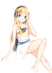 Rule 34 | 1girl, abigail williams (fate), absurdres, alternate costume, arm support, arm up, bare arms, bare shoulders, black bow, blue eyes, blush, bow, closed mouth, commentary request, dress, fate/grand order, fate (series), forehead, hair bow, hand on headphones, head tilt, headphones, highres, long hair, orange bow, parted bangs, polka dot, polka dot bow, simple background, sleeveless, sleeveless dress, smile, solo, very long hair, white background, white dress, yukaa