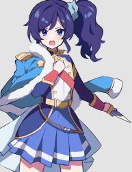 Rule 34 | 1girl, absurdres, aiguillette, aikatsu! (series), belt, blue eyes, blue jacket, blue skirt, cape, clenched hand, commentary request, cosplay, cowboy shot, dagger, epaulettes, fur-trimmed jacket, fur trim, grey background, hand on own chest, highres, holding, holding dagger, holding knife, holding weapon, jacket, jacket on shoulders, kagura hikari, kagura hikari (cosplay), kiriya aoi, knife, long hair, long sleeves, looking at viewer, military jacket, open mouth, pleated skirt, purple hair, red sash, sash, shoujo kageki revue starlight, side ponytail, simple background, skirt, solo, uhouhogorigori, v-shaped eyebrows, waist cape, weapon, white cape