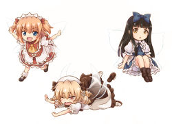 Rule 34 | 3girls, apron, arms up, ascot, black hair, blonde hair, blue eyes, chestnut mouth, dress, drill hair, fairy wings, fang, hirasaka makoto, long hair, luna child, lying, maid headdress, multiple girls, obi, on stomach, open mouth, puffy short sleeves, puffy sleeves, red dress, red eyes, sash, short sleeves, smile, star sapphire, sunny milk, touhou, twintails, waist apron, white dress, wings, yellow eyes
