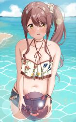 Rule 34 | 1girl, absurdres, ball, bare shoulders, beach, bead bracelet, beads, bikini, blue sky, blush, bracelet, breasts, brown hair, cleavage, cloud, commentary request, day, denim, denim shorts, hair ornament, hair scrunchie, highres, holding, holding ball, idolmaster, idolmaster shiny colors, jewelry, lens flare, looking at viewer, navel, ocean, open mouth, osaki tenka, outdoors, scrunchie, short sleeves, shorts, side ponytail, sidelocks, sky, solo, swimsuit, wading, wanimaru, wet, yellow eyes