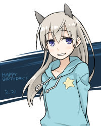 Rule 34 | 1girl, animal ears, arms behind back, blonde hair, blue eyes, blush, eila ilmatar juutilainen, english text, flat chest, grin, hair between eyes, happy birthday, hood, hoodie, long hair, looking at viewer, official alternate costume, parted bangs, samoni ouka, silver hair, smile, solo, star (symbol), strike witches, upper body, world witches series