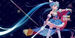 Rule 34 | 1girl, absurdres, bare shoulders, blue cape, blue dress, blue eyes, blue hair, cape, cure sky, detached sleeves, diffraction spikes, dotted background, dress, earrings, english text, feet out of frame, fingerless gloves, flat chest, gloves, highres, hirogaru sky! precure, jewelry, kaede (shijie heping), long hair, magical girl, parted lips, precure, puffy detached sleeves, puffy sleeves, single sidelock, sky mirage, solo, sora harewataru, thighhighs, twintails, two-sided cape, two-sided fabric, very long hair, white thighhighs, wing hair ornament