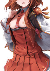 Rule 34 | 1girl, aliche (chain chronicle), armband, bad id, bad pixiv id, between breasts, bracer, braid, breasts, breasts out, brown hair, buttons, chain chronicle, clothes pull, detached collar, double-breasted, facing viewer, hand up, high-waist skirt, highres, jacket, kyaro (kyaro54), long hair, long sleeves, necktie, necktie between breasts, nipples, no bra, open clothes, open jacket, pleated skirt, red necktie, red skirt, shirt pull, shoulder pads, side braid, simple background, skirt, small breasts, solo, tassel, upper body, white background, white jacket