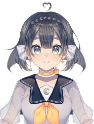 Rule 34 | 1girl, ahoge, black eyes, black hair, breasts, choker, commentary, earrings, english commentary, freckles, frilled choker, frills, grey ribbon, heart, heart ahoge, heart hair, highres, indie virtual youtuber, jewelry, medium breasts, mya rt, neckerchief, official art, orange choker, orange neckerchief, portrait, ryusei nova, sailor collar, short hair, simple background, smile, solo, transparent background, virtual youtuber, white background