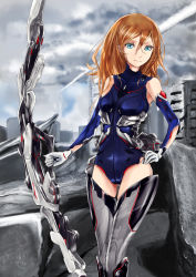 Rule 34 | 1girl, armor, armored boots, blue eyes, bodysuit, boots, bow (weapon), breasts, brown hair, elbow gloves, gloves, hair between eyes, hand on own hip, highres, holding, holding weapon, leotard, long hair, mecha musume, original, saikin, skin tight, solo, standing, thigh boots, thighhighs, weapon, zettai ryouiki
