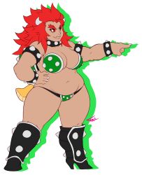 Rule 34 | 1girl, armlet, big hair, boots, bowser, bracelet, breasts, collar, eyebrows, fang, gender request, genderswap, hand on own hip, high heels, highres, horns, jewelry, large breasts, mario (series), nintendo, personification, plump, pointing, red eyes, red hair, smile, solo, spiked bracelet, spiked collar, spikes, tail, thong, transparent background, tsuda (tsudanym), tsudanym, turtle shell