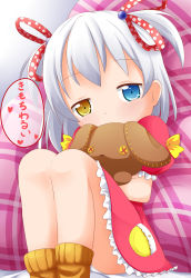Rule 34 | 1girl, bed sheet, blue eyes, blush, bow, brown eyes, brown socks, closed mouth, commentary request, covered mouth, dress, frilled dress, frills, hair ornament, hair ribbon, head tilt, heterochromia, highres, long hair, looking at viewer, loose socks, makuran, hugging object, original, panties, pantyshot, pillow, pink dress, plaid, plaid pillow, polka dot, polka dot ribbon, puffy short sleeves, puffy sleeves, red ribbon, ribbon, short sleeves, silver hair, sitting, socks, solo, stuffed animal, stuffed rabbit, stuffed toy, translation request, two side up, underwear, white panties, yellow bow