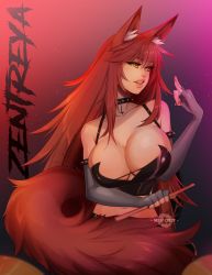 Rule 34 | 1girl, absurdres, animal ears, breasts, character name, cleavage, drums, drumsticks, fingerless gloves, gloves, highres, large breasts, long hair, nightcreepmax, red hair, solo, tail, virtual youtuber, vshojo, wolf ears, wolf girl, wolf tail, yellow eyes, zentreya