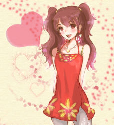 Rule 34 | 1girl, arms behind back, atlus, bad id, bad pixiv id, blush, brown eyes, brown hair, earrings, heart, himatane, jewelry, kujikawa rise, long hair, necklace, open mouth, persona, persona 4, smile, solo, twintails