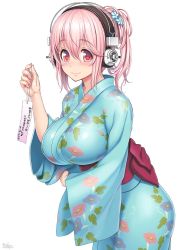 Rule 34 | 1girl, alternate hairstyle, blush, breasts, closed mouth, commentary request, female focus, fingernails, floral print, flower, hair flower, hair ornament, headphones, hip focus, japanese clothes, kimono, large breasts, leaning forward, long sleeves, looking at viewer, nail polish, nitroplus, pink eyes, pink hair, ponytail, short hair, simple background, smile, solo, standing, super sonico, translation request, tsuji santa, white background, wide hips, wide sleeves