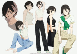 Rule 34 | 1girl, barefoot, black pants, black tank top, blue pants, breasts, brown hair, choppy bangs, collage, cropped legs, cropped torso, green footwear, green nails, hair between eyes, hair over eyes, hand on own hip, hand on own neck, highres, kamo kamen, knee up, looking at viewer, medium breasts, midriff, open mouth, original, pants, shirt, short hair, sitting, standing, tank top, white background, white footwear, white shirt, white tank top, yellow pants