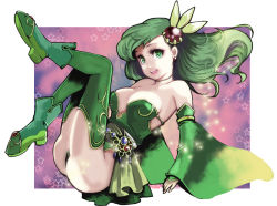 Rule 34 | 1990s (style), 1girl, ass, bad id, bad pixiv id, boots, breasts, female focus, final fantasy, final fantasy iv, full body, green eyes, green footwear, green hair, green theme, green thighhighs, hair ornament, legs up, leotard, matching hair/eyes, miso katsu, aged up, retro artstyle, rydia (ff4), solo, thighhighs