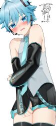 Rule 34 | 1boy, 1girl, bare shoulders, black sleeves, blue hair, blue necktie, blush, chongyun (genshin impact), cosplay, covering crotch, covering privates, crossdressing, detached sleeves, genshin impact, hairband, hatsune miku, hatsune miku (cosplay), highres, male focus, necktie, open mouth, rose62207111, short hair, simple background, thighhighs, vocaloid