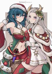 Rule 34 | 2girls, absurdres, antlers, arm around waist, blue eyes, blue hair, breasts, brooch, byleth (female) (fire emblem), byleth (female) (frosty professor) (fire emblem), byleth (fire emblem), cape, chascoby, commentary, commentary request, edelgard von hresvelg, edelgard von hresvelg (snowfall future), english commentary, fake antlers, fire emblem, fire emblem: three houses, fire emblem heroes, gloves, hat, highres, holly, horns, jewelry, large breasts, long hair, looking at viewer, medium hair, multiple girls, navel, nintendo, official alternate costume, pantyhose, red cape, red thighhighs, reindeer antlers, santa hat, small breasts, smile, thighhighs, white gloves, white hair