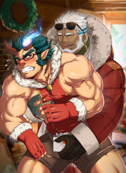 Rule 34 | 2boys, aegir (housamo), aqua hair, bara, bare shoulders, beard, bell, black-framed eyewear, blue hair, blush, broken horn, brown gloves, brown shorts, bulge, collaboration, collar, dark-skinned male, dark blue hair, dark skin, demon boy, demon horns, earrings, facial hair, fang, fiery horns, fingerless gloves, flying sweatdrops, forked eyebrows, gloves, grabbing, groping, hand under clothes, horns, icelernd, jewelry, kito (clamp5656), large pectorals, long sideburns, male focus, multicolored hair, multiple boys, muscular, muscular male, neck bell, one eye closed, pectoral grab, pectorals, red gloves, santa costume, scar, scar on neck, shirt, short hair, shorts, sideburns, single earring, sleeveless, smile, spread legs, streaked hair, stubble, takemaru (housamo), taut clothes, taut shirt, thick eyebrows, thighs, tokyo houkago summoners, veins, white hair, yaoi