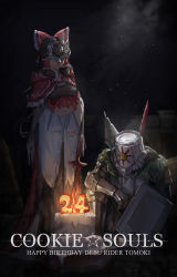 Rule 34 | 1boy, 1girl, absurdres, alternate costume, armor, armored boots, backlighting, birthday cake, black hair, blush, bonfire (dark souls), boots, bow, breasts, cake, cape, chainmail, closed mouth, commentary, commentary request, cookie (touhou), crossover, d tomoki, dark souls (series), dark souls iii, english commentary, fire, food, frilled hair tubes, frills, full body, gauntlets, green cape, hair bow, hair tubes, hakurei reimu, happy birthday, helmet, highres, holding, holding shield, kanna (cookie), long hair, mask, medium breasts, mixed-language commentary, planted, planted sword, planted weapon, plume, red bow, reu (cookie), shield, smile, solaire of astora, standing, star (symbol), sword, touhou, weapon