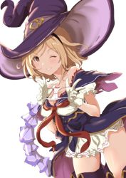 Rule 34 | 10s, 1girl, bare shoulders, blonde hair, blush, breasts, clearite, cleavage, djeeta (granblue fantasy), dress, granblue fantasy, hairband, hat, highres, looking at viewer, one eye closed, panties, parted lips, short hair, smile, solo, thighhighs, underwear, warlock (granblue fantasy), witch hat