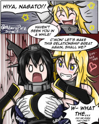 Rule 34 | 0 0, 10s, 2girls, ^^^, ^ ^, admiral paru, arm up, arm warmers, bare shoulders, black hair, blonde hair, blue eyes, blush, breasts, choker, closed eyes, comic, dated, elbow gloves, emphasis lines, english text, engrish text, gloves, grabbing, grabbing from behind, grin, groping, hair between eyes, headgear, heart, iowa (kancolle), kantai collection, large breasts, long hair, looking at another, motion lines, multiple girls, nagato (kancolle), open mouth, ranguage, shouting, smile, speech bubble, star-shaped pupils, star (symbol), surprised, symbol-shaped pupils, talking, twitter username, vest, waving, yuri