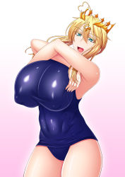 Rule 34 | 1girl, ahoge, alternate costume, aqua eyes, armpits, artoria pendragon (fate), artoria pendragon (lancer) (fate), blonde hair, blue one-piece swimsuit, blush, breasts, cleavage, colored eyelashes, covered erect nipples, covered navel, cowboy shot, crown, fate/grand order, fate (series), fingernails, from side, gradient background, hair between eyes, head tilt, heart, heart ahoge, huge breasts, impossible clothes, impossible leotard, legs together, leotard, long fingernails, one-piece swimsuit, oniku (kusomushi onick), open mouth, parted bangs, purple background, school swimsuit, shiny clothes, shiny skin, short hair with long locks, skin tight, standing, stomach, swimsuit, thighs, white background