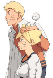 Rule 34 | ..., 1boy, 1girl, 2021, ac120, black shorts, blonde hair, blue eyes, blush, boruto: naruto next generations, cape, closed mouth, collarbone, covered erect nipples, dated, facial mark, father and son, from side, genderswap, genderswap (mtf), hand on another&#039;s head, highres, looking to the side, naruto (series), navel, profile, shirt, short hair, shorts, simple background, smile, solo focus, sweat, teeth, uzumaki boruto, uzumaki naruto, whisker markings, white background, white cape, white shirt