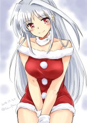 Rule 34 | 1girl, ahoge, bare shoulders, blush, collarbone, commentary request, dated, detached collar, dress, fur-trimmed dress, fur trim, gloves, head tilt, highres, long hair, looking at viewer, lyrical nanoha, mahou shoujo lyrical nanoha, mahou shoujo lyrical nanoha a&#039;s, red dress, red eyes, reinforce, san-pon, short dress, silver hair, sleeveless, sleeveless dress, smile, solo, twitter username, white gloves