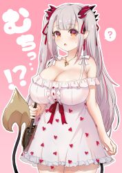 Rule 34 | 1girl, :o, ?, bag, blunt bangs, blush, bow, breasts, buttons, center frills, cleavage, commentary request, cowboy shot, demon girl, demon horns, demon tail, dress, expressionless, frilled dress, frills, gradient background, grey hair, groin, hair ribbon, handbag, heart, heart print, highres, honey strap, horns, jyaco, large breasts, long hair, looking at viewer, medium bangs, multicolored hair, nanashi inc., open mouth, outline, pink background, pink hair, pointy ears, print dress, red bow, red horns, red ribbon, ribbon, short dress, solo, spoken question mark, streaked hair, suou patra, tail, two-tone hair, virtual youtuber, white bow, white dress, white outline