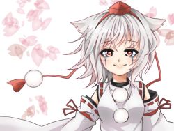 Rule 34 | 1girl, animal ears, blush, breasts, crying, crying with eyes open, detached sleeves, hat, inubashiri momiji, looking at viewer, pom pom (clothes), red eyes, ribbon-trimmed sleeves, ribbon trim, short hair, silver hair, smile, solo, tail, tears, tokin hat, touhou, white background, wolf ears