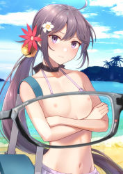 Rule 34 | akebono (kancolle), bad id, bad pixiv id, bag, bell, bikini, black choker, blush, choker, closed mouth, collarbone, crossed arms, flat chest, flower, grey-framed eyewear, hair bell, hair flower, hair ornament, jingle bell, kanden sky, kantai collection, long hair, looking at viewer, low ponytail, navel, nipples, pov, purple bikini, purple eyes, purple hair, red flower, shoulder bag, swimsuit, very long hair, x-ray glasses, x-ray vision