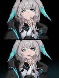 Rule 34 | 1girl, aqua eyes, aqua nails, aqua wings, arknights, black background, blunt bangs, blush, coat, expressionless, fangs, feathered wings, finger to own chin, fingerless gloves, gloves, grey hair, grin, head wings, highres, ho&#039;olheyak (arknights), hotke, infection monitor (arknights), long sleeves, looking at viewer, nail polish, open clothes, open coat, open mouth, ringed eyes, short hair, sidelocks, slit pupils, smile, solo, upper body, white gloves, wings